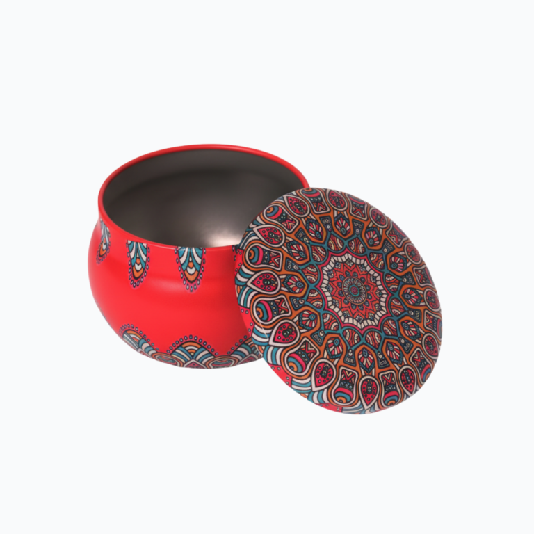 Red Round Metal Storage Tin with Mandala Design Lid – 5x7.5 cm