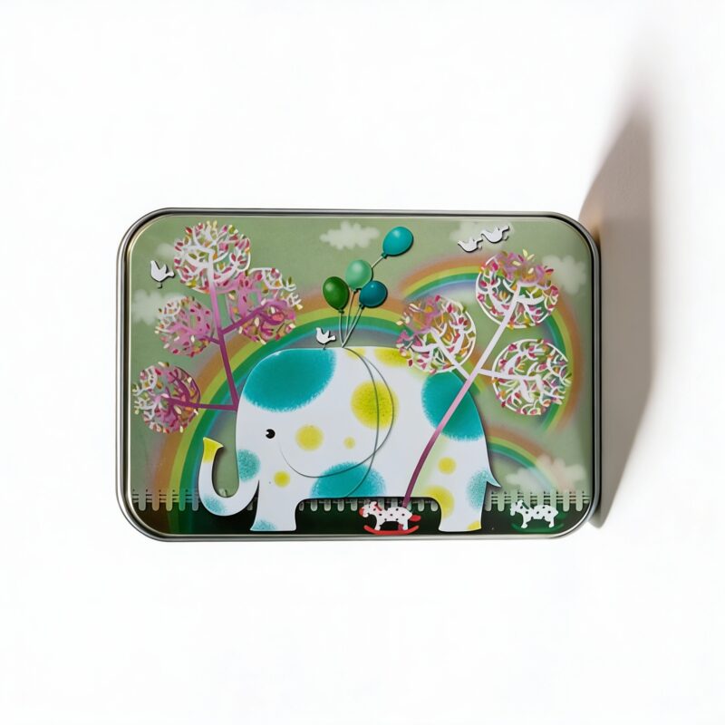 Silver Metal Tinplate Storage Container with Green Elephant Lid