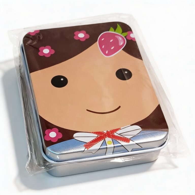 Silver Metal Tinplate Storage Container with Girl Illustration Lid