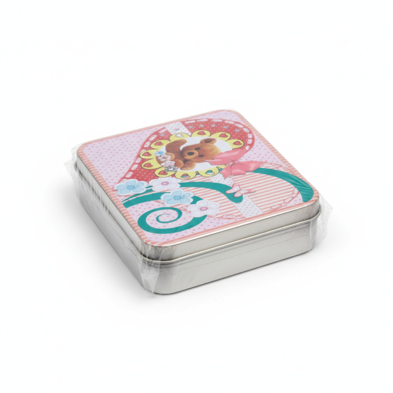 Silver Metal Tinplate Storage Container with Pink Heart & Teddy Bear Lid – 100g Decorative Tin for Candles, Accessories & Beads