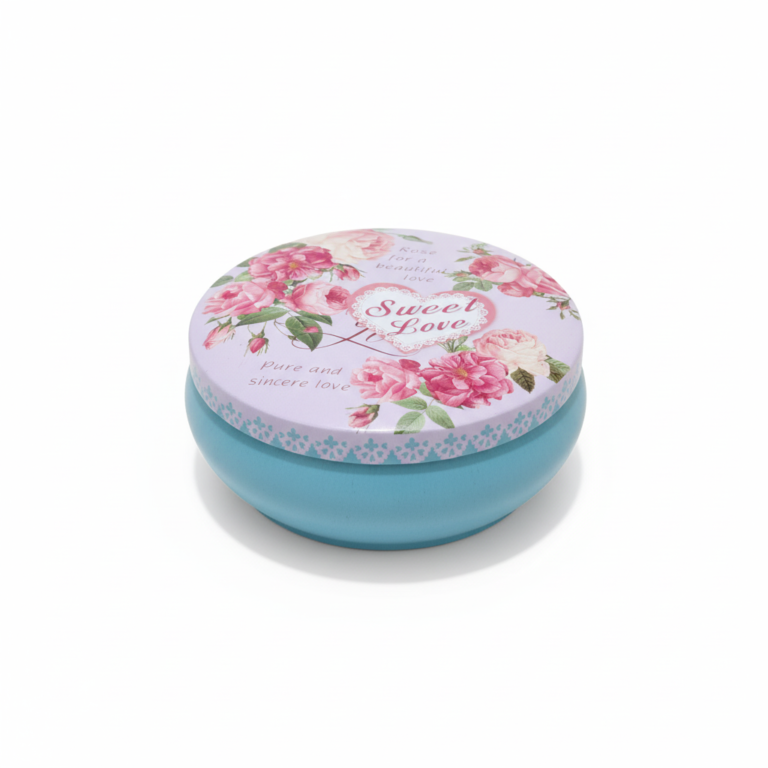 Blue Metal Storage Tin with Red Floral “Sweet Love” Heart Lid