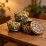 Yellow Metal Storage Tin with Dark Purple Design – 50g Capacity