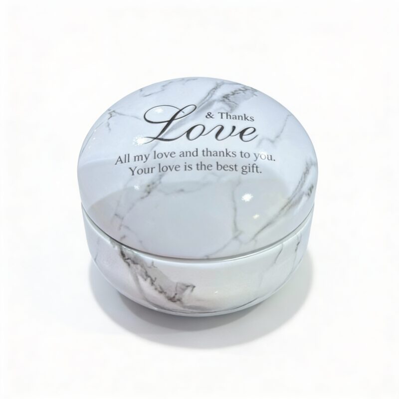 White Marble Tin with “Love” Text – Tinplate Storage for Accessories, Beads & Candles – 75g