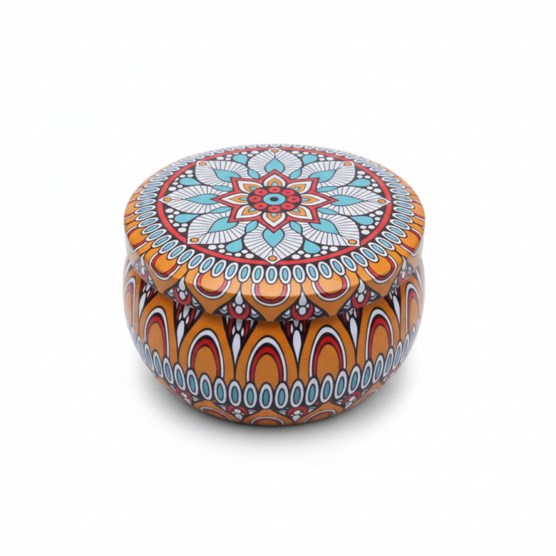 Orange Mandala Metal Storage Tin 7.5 × 5 cm for Candles & Accessories – 100g