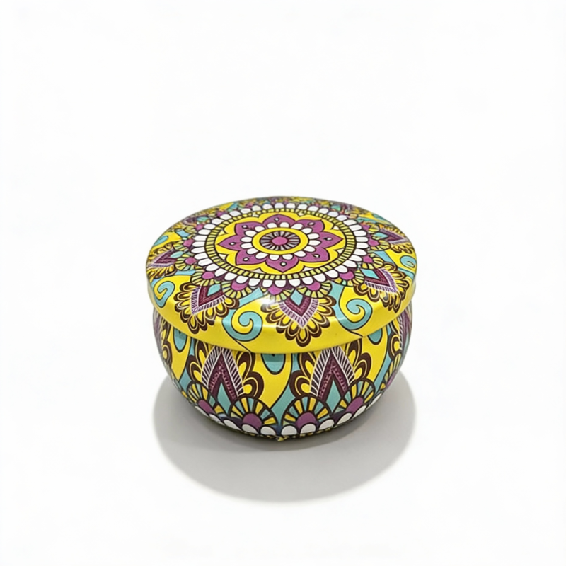 Yellow Metal Storage Tin with Dark Purple Design – 50g Capacity