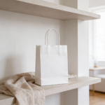 Create a photorealistic lifestyle image featuring a white paper gift bag with handles, size 17 × 15 cm, made from durable paper. Product Accuracy: Plain white paper bag Twisted paper handles matching the reference Small size: 17 × 15 cm No logos, prints, or added colors Scene Setup: Place the bag standing on a wooden table, shelf, or neutral surface Optionally include small items inside like gifts, jewelry boxes, or stationery Add minimal props such as books, candles, plants, or fabric accents Show in a modern home, office, or retail environment Environment & Mood: Clean, bright, and modern Neutral, minimalist décor Soft natural lighting with gentle shadows Focus on functionality, elegance, and simplicity Photography Style: E-commerce lifestyle photography Slightly blurred background to keep focus on the bag Ultra-realistic, high-resolution image Important: Do not add text, logos, or modify the bag’s plain white design.