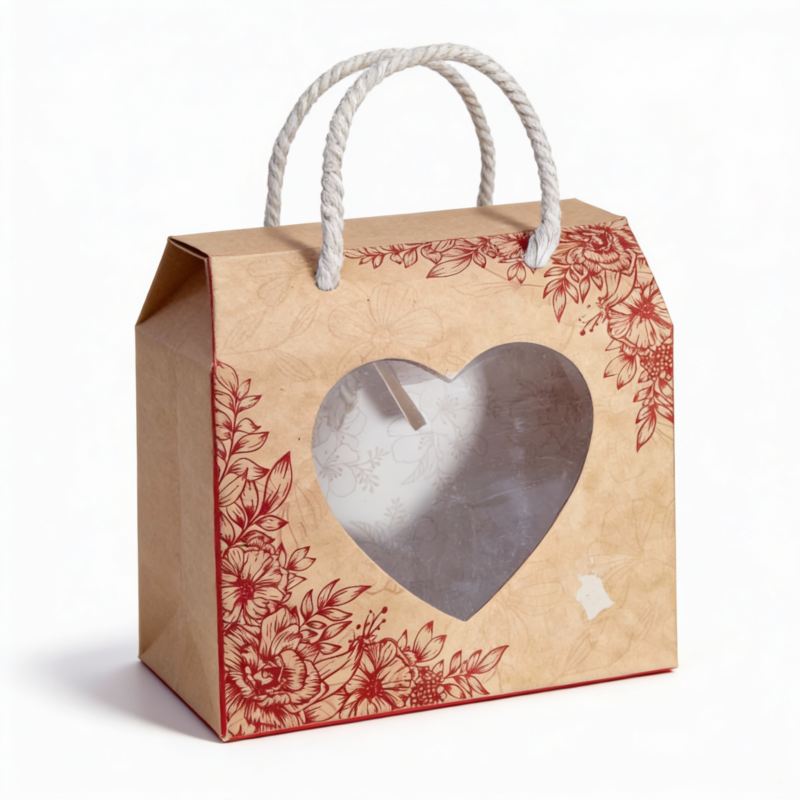 Cute Cartoon Brown Gift Bag with Heart Window –