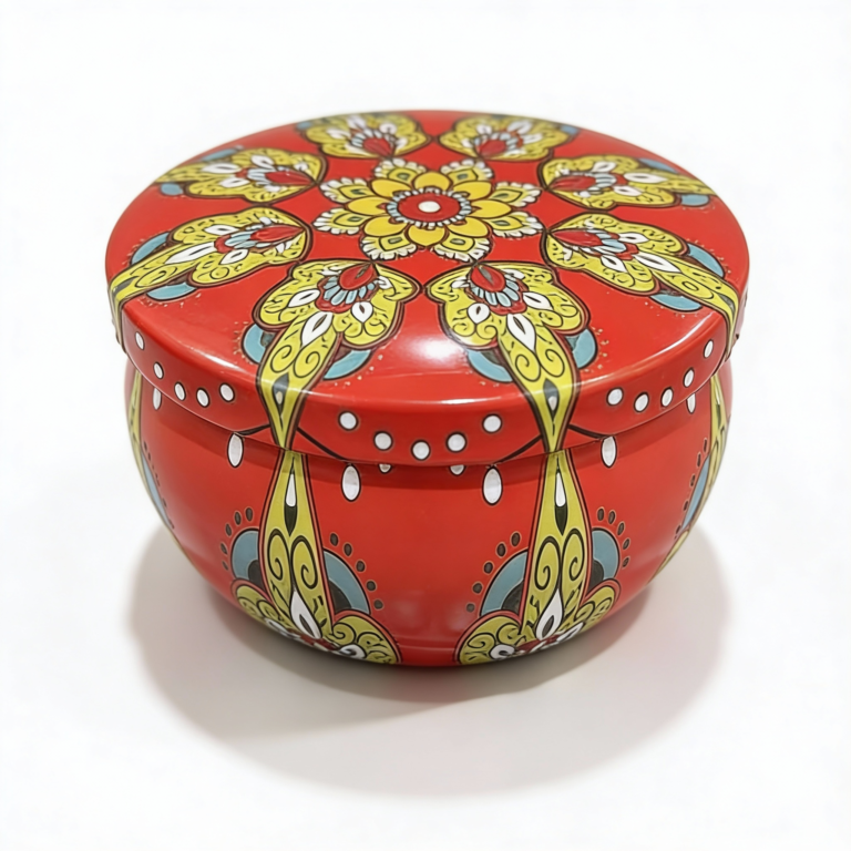 Red Metal Storage Tin with Yellow Design – 50g Capacity
